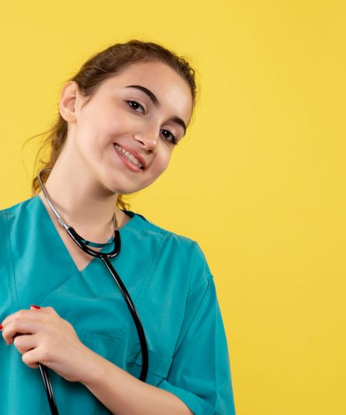 front-view-female-doctor-medical-shirt-virus-uniform-color-emotions-covid-19-health