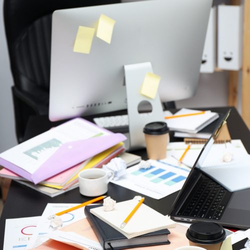 Messy office workplace, workplace and workspace concept