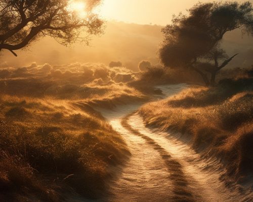 Tranquil meadow, mysterious fog, spooky adventure awaits generated by artificial intelligence